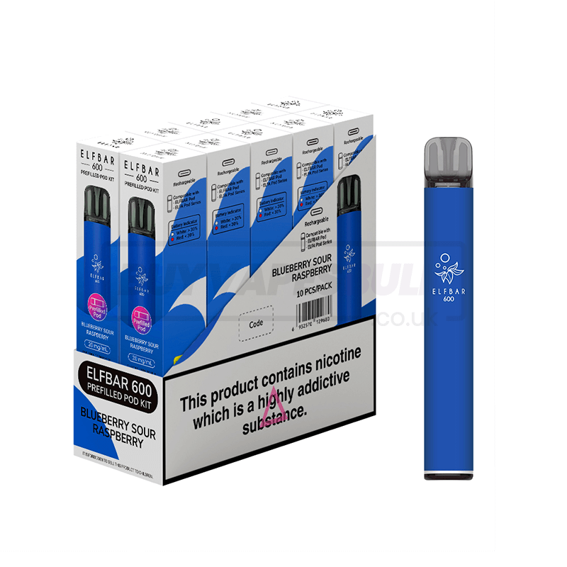 Elf Bar 600 Prefilled Vape Kit 10 Pack Blue Sour Raspberry