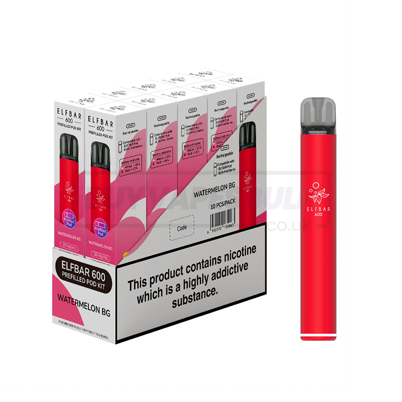 Elf Bar 600 Prefilled Vape Kit 10 Pack Watermelon BG (Bubblegum)