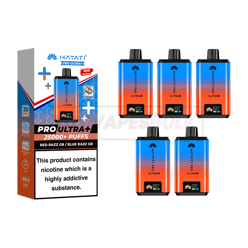 Hayati Pro Ultra Plus 25000 Vape Kit 5 Pack Red Razz GB Blue Razz GB (NEW)