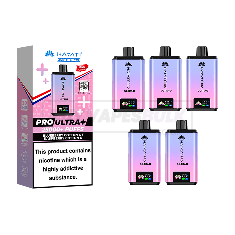 Blueberry Cotton K / Raspberry Cotton K Hayati Pro Ultra Plus 25K Vape Kit 5 Pack