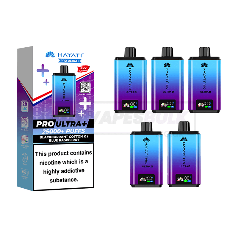 Blackcurrant Cotton K / Blue Raspberry Hayati Pro Ultra Plus 25K Vape Kit 5 Pack