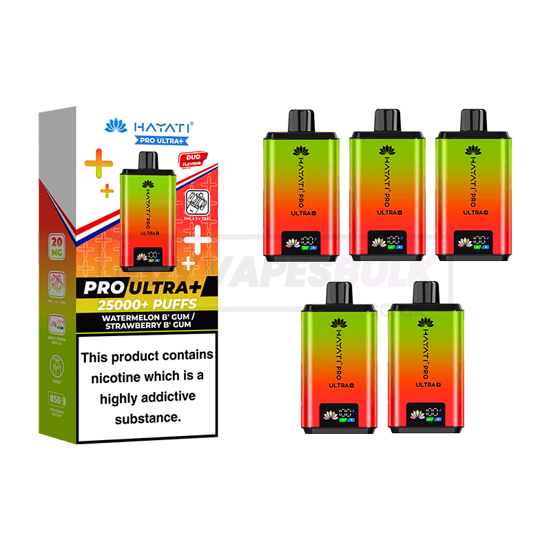 Hayati Pro Ultra Plus 25000 Vape Kit 5 Pack Watermelon B'Gum Strawberry B'Gum