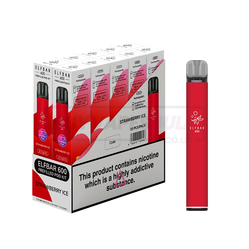 Strawberry Ice Elfbar 600 Prefilled Vape Kit 10 Pack | Buy Vapes Bulk