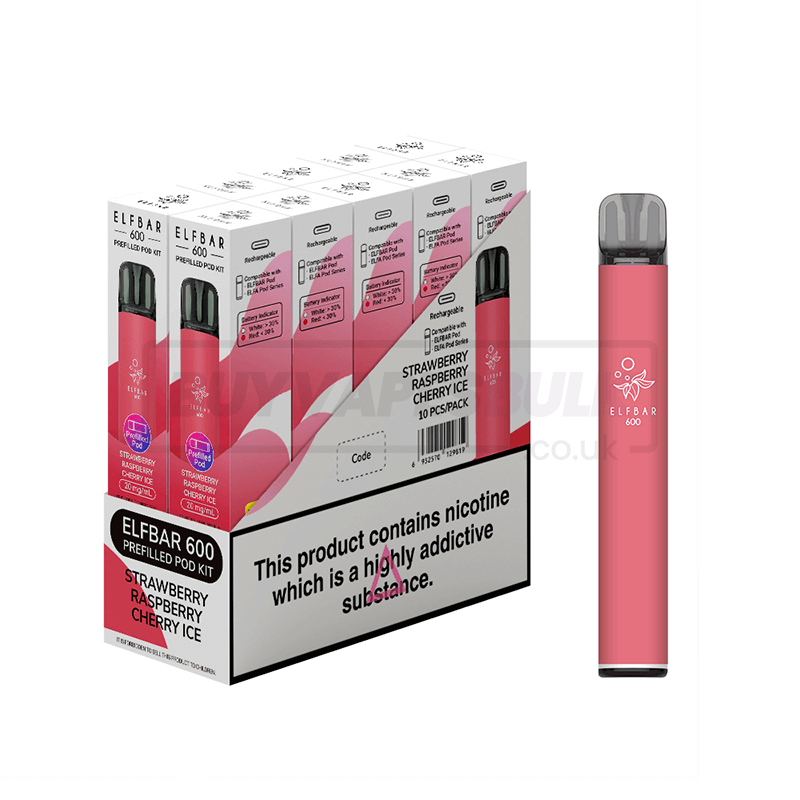 Elf Bar 600 Prefilled Vape Kit 10 Pack Strawberry Raspberry Cherry Ice