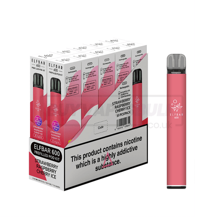 Elf Bar 600 Prefilled Vape Kit 10 Pack Strawberry Raspberry Cherry Ice