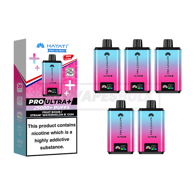 Hayati Pro Ultra Plus 25000 Vape Kit 5 Pack Fruit Bomb Straw' Watermelon B'Gum (NEW)